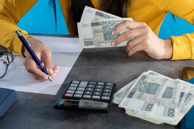 Masanın üzerinde hesap makinesi, tablet ve genç bayanın saydığı bir yığın kağıt para yatıyor. Masanın üstündeki kadın elleri büyük miktarda banknotları sayarken....