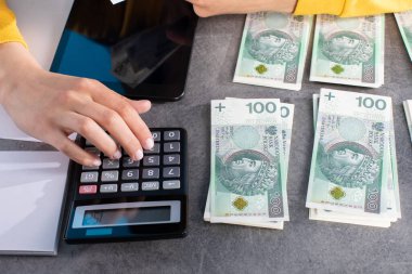 Masanın üzerinde hesap makinesi, tablet ve genç bayanın saydığı bir yığın kağıt para yatıyor. Masanın üstündeki kadın elleri büyük miktarda banknotları sayarken....