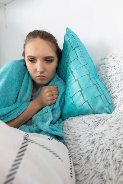 Young Girl Lies Sick Home Her Bed Illness — Stock Photo, Image