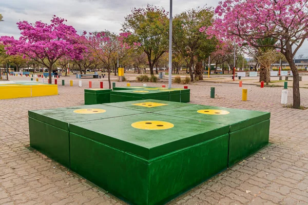 Children kid playground for leisure and recreation activity with toy and slider leftover in the park in childhood color style. — Stock Photo, Image