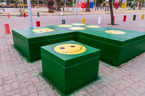 Children kid playground for leisure and recreation activity with toy and slider leftover in the park in childhood color style. — Stock Photo, Image