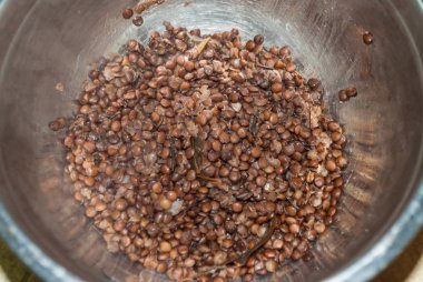 Sağlıklı yiyecekler, diyet, konsept vegan protein kaynağı. Çiğ baklagil (havuç, kırmızı mercimek, biber, patates). Üst görünüm.