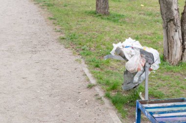 Kırık, gri, içi plastik, kağıt ve karton dolu çöp tenekesi yeşil çimen arka planında. Uzayı kopyala Çevre kavramı