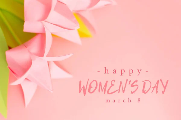 Happy Women Day Κείμενο Ροζ Φόντο Χαρτί Origami Χειροποίητες Τουλίπες — Φωτογραφία Αρχείου