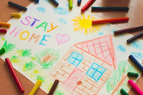 Child drawing of wax crayons Stay home with house and nature. Social distancing protect coronavirus or covid-19. Self-isolation and healthy concept