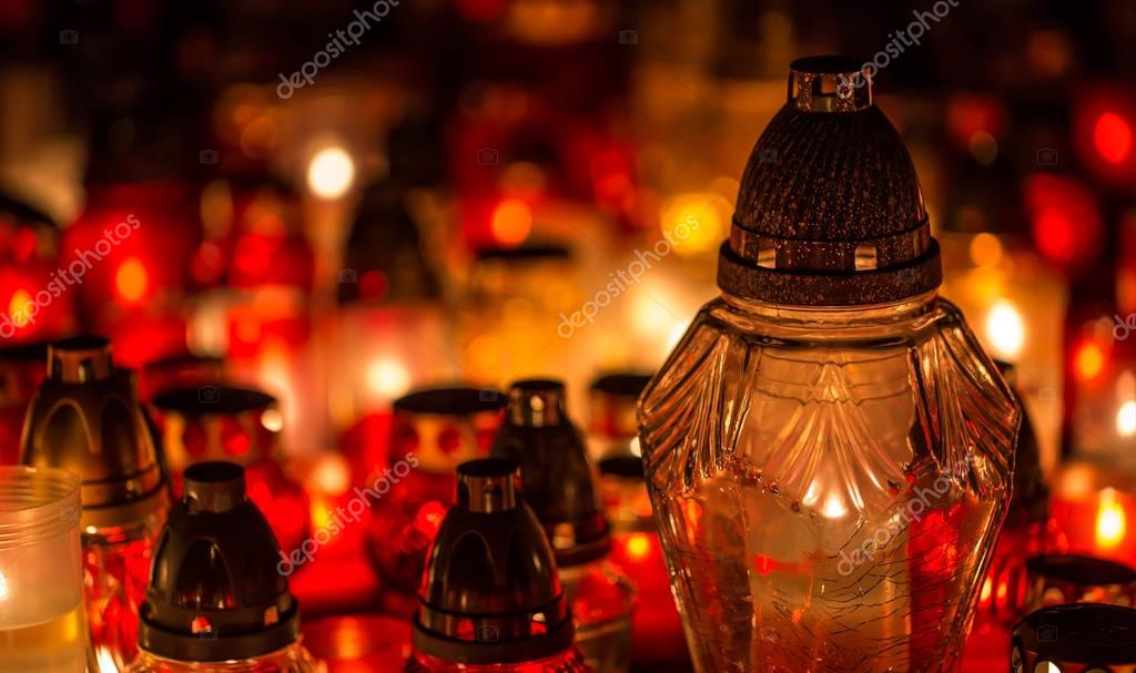 Many Burning Candles In The Cemetery At Night On Occasion Memory Many Burning Candles In The Cemetery At Night On Occasion Memory Of Deceased