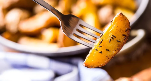 Potatis. Rostad potatis. Amerikanska potatis med salt peppar och spiskummin. Rostad klyftpotatis läckra krispiga — Stockfoto