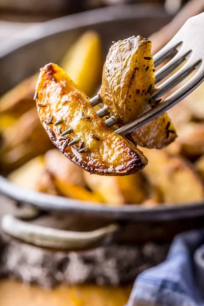 Potatis. Rostad potatis. Amerikanska potatis med salt peppar och spiskummin. Rostad klyftpotatis läckra krispiga — Stockfoto