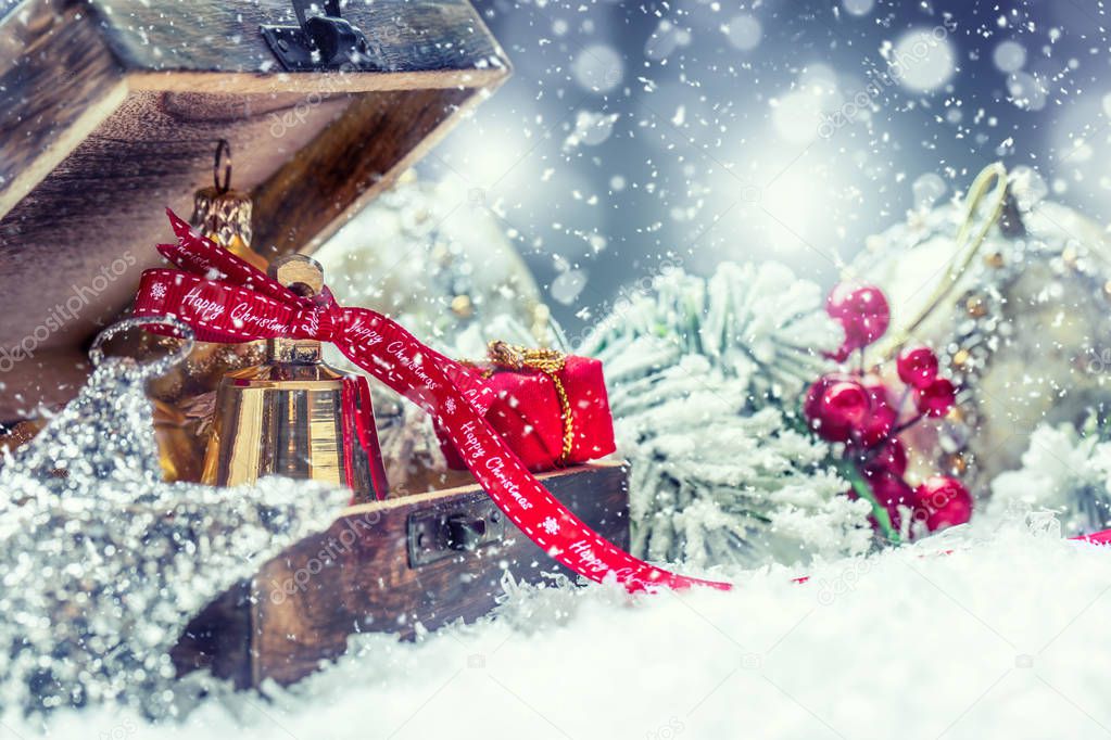 Christmas time. Christmas gifts and decorations in snowy country or atmosphere. Studio shot