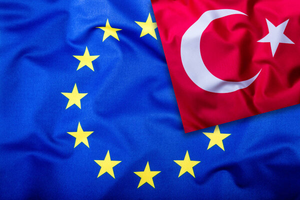Flags of the Turkey and the European Union. Turkish Flag and EU Flag. Flag inside stars. World flag concept