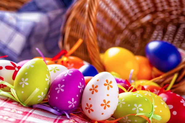 Easter Multicolored Easter Eggs Basket Wooden Table — Stock Photo, Image