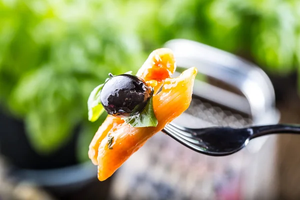 Pasta Penne con salsa boloñesa de tomate, queso parmesano de oliva negro y albahaca en un tenedor. Cocina Mediterránea.Cocina italiana —  Fotos de Stock