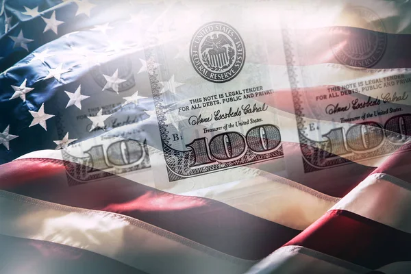 USA flag and American dollars. American flag blowing in the  wind and 100 dollars banknotes. — Stock Photo, Image