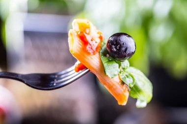 Makarna Penne domates Bolognese sos, Parmesan peyniri Siyah Zeytin ve fesleğen bir çatal üzerinde. Akdeniz yemekleri. İtalyan mutfağı