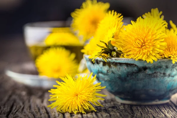 Gyermekláncfű, pitypang Tea.Yellow virágok és a csésze tea — Stock Fotó