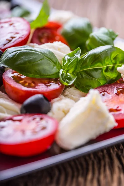 Salada Caprese. Salada mediterrânea. Mozzarella cereja tomates manjericão e azeite sobre mesa de carvalho velho. Cozinha italiana — Fotografia de Stock