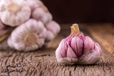 Sarımsak. Taze sarımsak ampuller eski ahşap tahta üzerinde. Kırmızı mor sarımsak