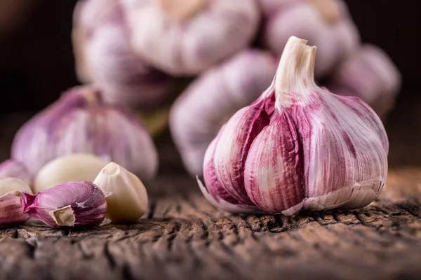 Garlic. Fresh garlic bulbs on old wooden board. Red violet garlic
