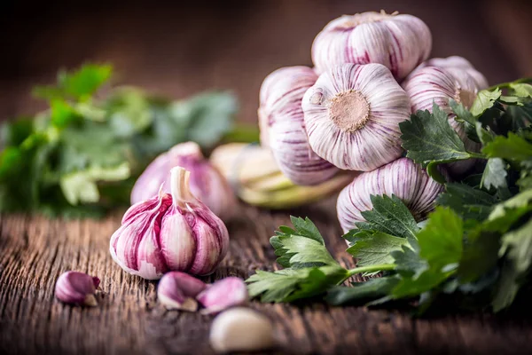 Garlic. Fresh garlic bulbs on old wooden board. Red violet garlic