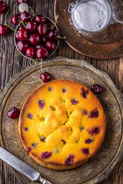 Cherry Cake. Assortment ingredients and cherry cake in retro style — Stock Photo, Image