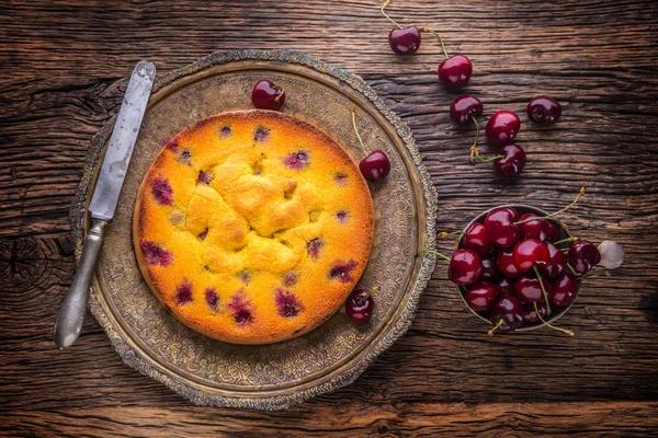 Cherry Cake. Assortment ingredients and cherry cake in retro style — Stock Photo, Image