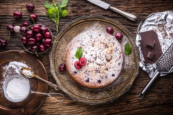 Cherry Cake. Assortment ingredients and cherry cake in retro style — Stock Photo, Image