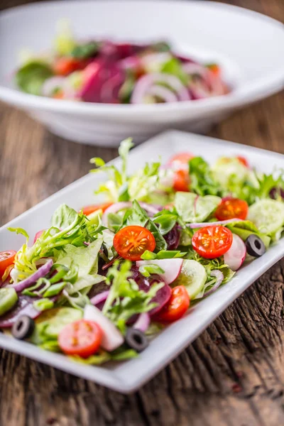 Salade de légumes. Assiette de salade aux légumes sur table en chêne rustique. Assortiment d'ingrédients de la salade de légumes — Photo