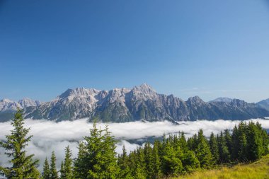 Avusturya Alplerinde salzburg leogang. Mavi gökyüzü sabah sis güzel sahne Avusturya Alplerinde yaz aylarında