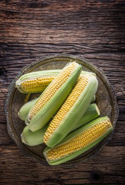 Mısır. Eski rustik meşe masada taze Mısır