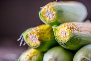 Mısır. Eski rustik meşe masada taze Mısır