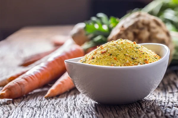Vegeta seasoning spices condiment with dehydrated carrot parsley celery parsnips and salt with or without glutamate — Stock Photo, Image