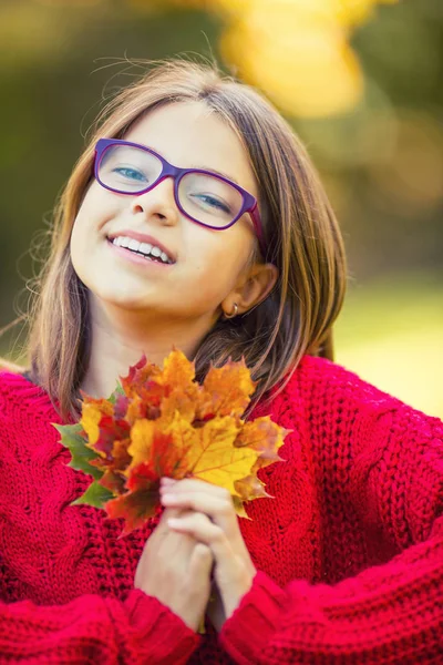 Happy fall girl smiling and joyful holding autumn leaves. Beautiful young girl with maple leaves in red cardigan — Stock Photo, Image