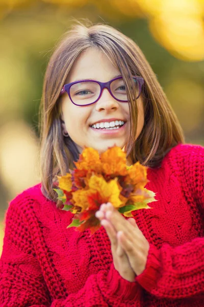 Mutlu sonbahar kız gülümseyen ve neşeli holding sonbahar yaprakları. Güzel genç kız ile akçaağaç yaprakları kırmızı hırka