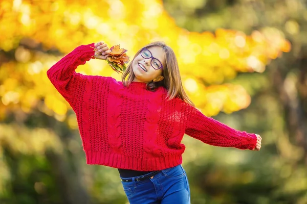 Mutlu sonbahar kız gülümseyen ve neşeli holding sonbahar yaprakları. Güzel genç kız ile akçaağaç yaprakları kırmızı hırka