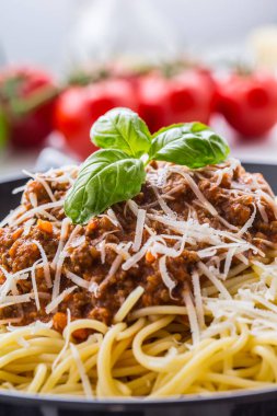 Spagetti Bolognese. Makarna spagetti Bolognese fesleğen ve restoran ya da ev dekorasyon ile