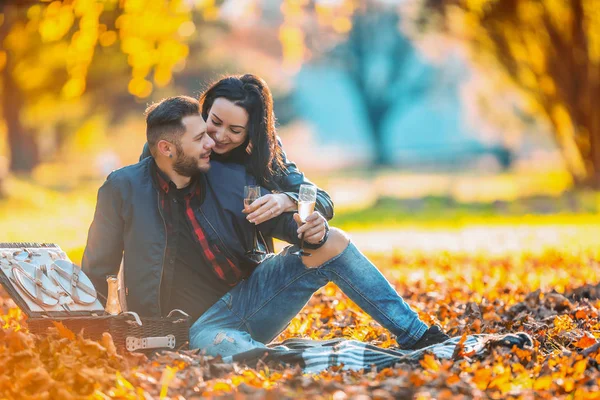 Ung härlig glad par - älskare har en picknick i höst park. Lyckligt par spottar med glas champagne — Stockfoto