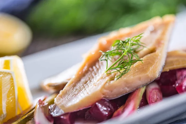 Fish trout. Portion Smoked fillet trout with vegetable dill and lemon. Fish with vegetable salad on plate in hotel or restaurant — Stock Photo, Image