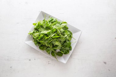 Görünümü taze ıspanak tepesine kapta beyaz beton tahtada bırakır.