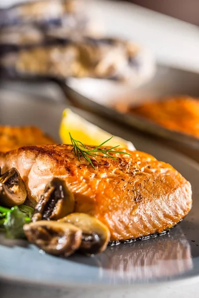Salmon Roast Fillet. Portion of roast salmon fillet with spinach mushrooms in restaurant pub home or hotel