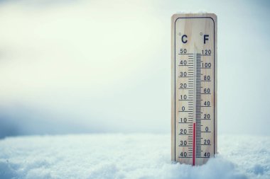 Thermometer on snow shows low temperatures under zero. clipart