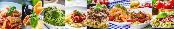 Pasta-Collage. Auswahl verschiedener italienischer Nudelgerichte - Spaghetti pene macaroni farfalle pappardelle tagliatelle rigatoni fusilli fettucine usw. — Stockfoto