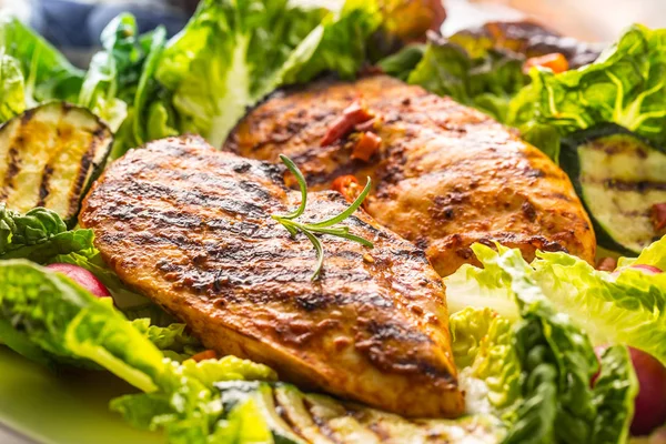 Hühnerbrust. Hühnerbrust vom Grill mit Salatsalat Zucchini und Rettich — Stockfoto