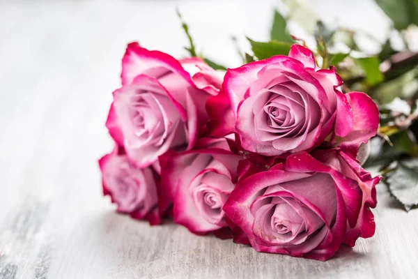 Rosas. Rosas rosadas con dos corazones y regalo rojo . — Foto de Stock