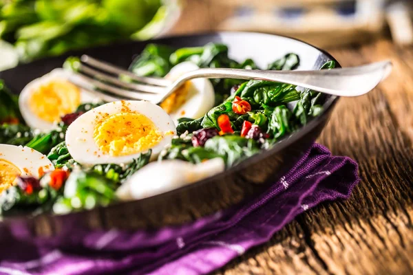 Salade d'épinards. Salade d'épinards frais aux oeufs piment et semoule — Photo