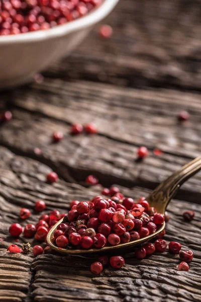 Pimenta vermelha em tigela e colher na mesa de carvalho — Fotografia de Stock