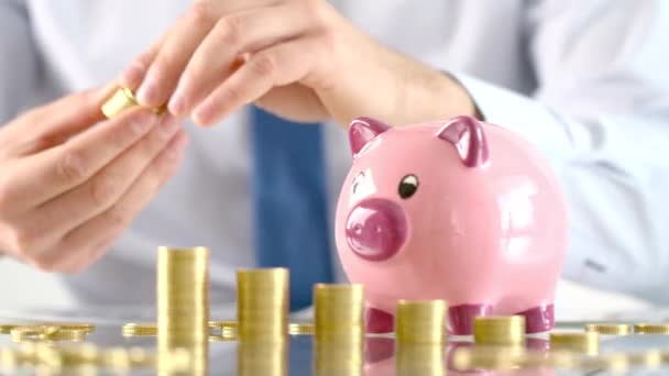 Bankier Accountant Verzekeraar Zet Geld Een Spaarpot Financiële Grafiek Van — Stockvideo