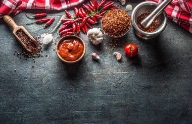 Biber biberi, sarımsaklı tuz domatesleri masanın üstünde.
