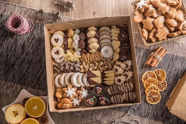 Box full of christmas sweet cokies and pastry — Stock Photo, Image