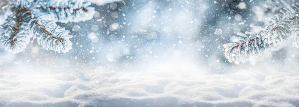 Abstrakte Weihnachtshintergrund Winter verschneite Landschaft und Tannen- oder Kiefernzweige. Winterpanorama-Banner — Stockfoto