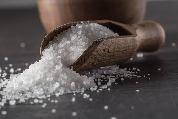 Crystaline sea salt in bowl and spoon - closeup — ストック写真